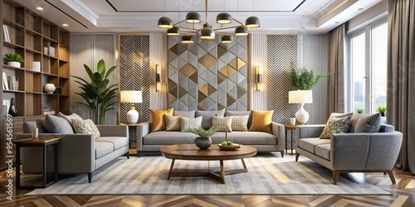 Fototapeta A modern living room with contemporary furniture, geometric patterns, and sleek lines transports you to a world of