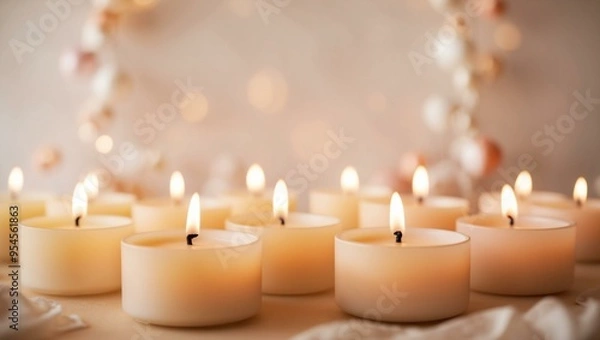 Obraz A beautifully arranged collection of several tealight candles glowing warmly, creating a soft and inviting atmosphere that enhances relaxation and a cozy ambiance.