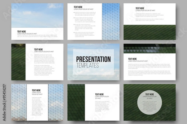 Obraz Set of 9 templates for presentation slides. Park landscape. Abstract multicolored backgrounds. Natural geometrical patterns. Triangular and hexagonal style vector illustration