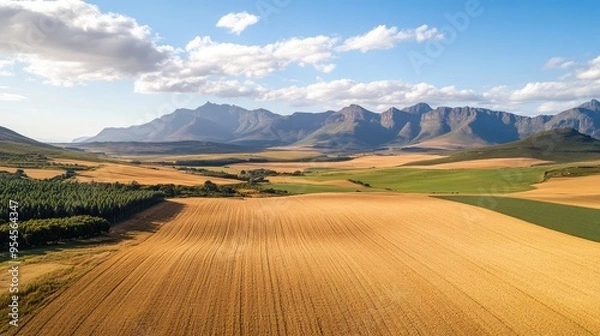 Fototapeta Bird's-eye view of the scenic landscapes of the Overberg, with wheat fields, rolling hills, and distant mountains