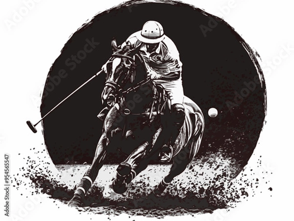 Fototapeta A dynamic vector illustration of a professional polo player in action, riding a horse and striking the ball, ideal for equestrian and sports-related designs.