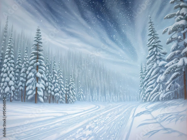 Obraz 夜遅く　吹雪の森の中