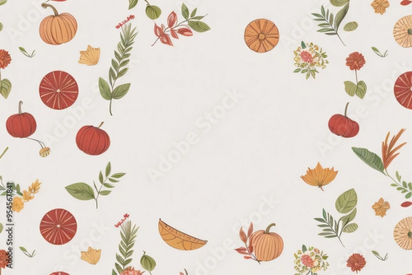 Obraz カボチャ、葉、果実の秋の背景イラスト