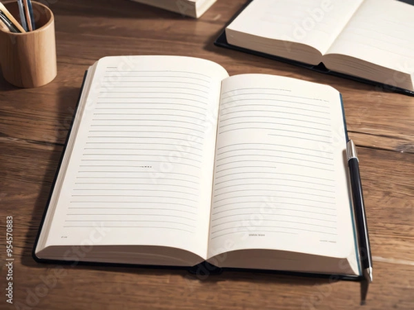 Obraz 木製のテーブルの上に置かれている開かれたノートと鉛筆