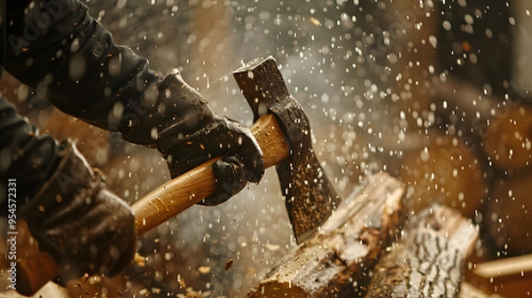 Fototapeta A man chopping wood in the rain droplets flying off the axe with each swing.