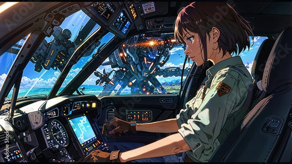 Obraz An anime pilot prepares for battle in a high-tech mecha cockpit, with advanced controls and displays, capturing the intensity and tension of warfare.