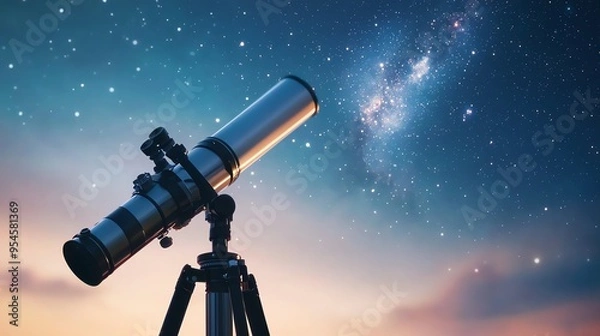 Fototapeta A telescope pointed at the night sky filled with stars, capturing the beauty of astronomy and the universe.