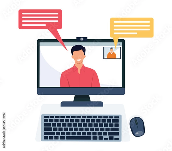 Obraz Video conference, Online webinar, video call, online course concept. Vector illustration.