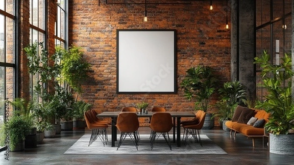 Fototapeta Modern Red Brick Loft Conference Room with Empty Poster on Wall