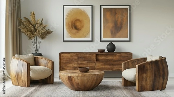 Fototapeta Modern home living room interior with comfortable chair and wood furniture