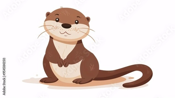Fototapeta 07231249 432. Cute cartoon otter sitting and holding its tail, set against a plain white background, perfect for children's illustrations or educational materials