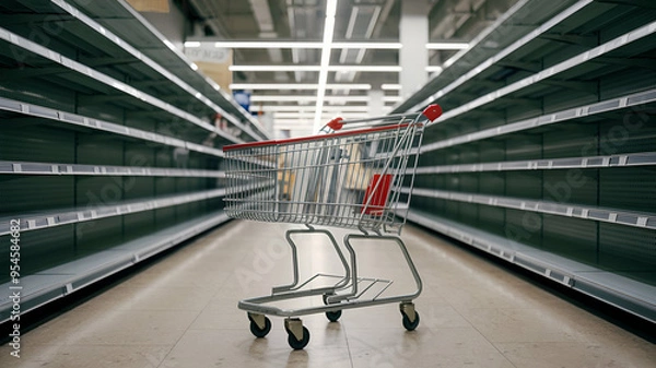 Fototapeta Desolate Shopping Aisle with Empty Cart Abandoned Store Shelves Under Bright Lights, Barren Retail Space Depicting Economic Decline or Supply Shortages