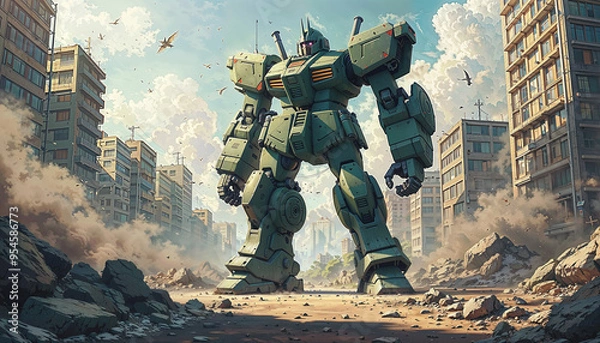 Obraz A massive anime mecha stands in a war-torn city, ready to engage in combat. The scene is intense, with smoke and debris creating a dramatic atmosphere.