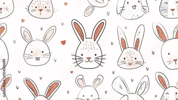 Fototapeta 07231249 450. Vector illustration of a seamless pattern with hand-drawn bunny faces, showcasing different cute expressions on a clean white background, ideal for baby clothing and rodent animal