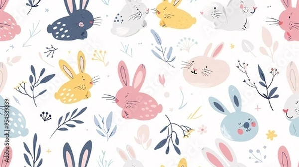 Fototapeta 07231249 454. Playful seamless pattern with cartoon bunnies, featuring a colorful and flat style design, perfect for fabric prints and wrapping paper for children