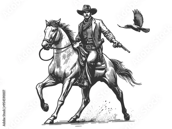 Fototapeta cowboy riding horse, with pistol, capturing the spirit of the Wild West sketch engraving generative ai fictional character raster illustration. Scratch board imitation. Black and white image.