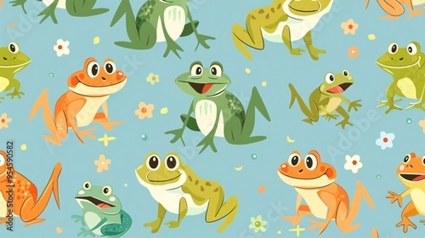 Fototapeta 07231249 456. Seamless pattern featuring cute cartoon frogs in various playful poses, designed in a vibrant and whimsical style, perfect for kids' wallpaper and gift wrap paper