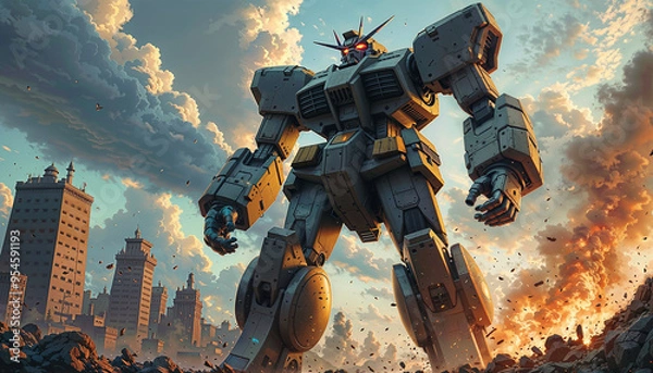 Obraz A massive anime mecha stands in a war-torn city, ready to engage in combat. The scene is intense, with smoke and debris creating a dramatic atmosphere.