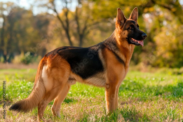 Fototapeta german shepherd dog outside on a meadow with green grass