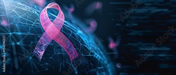 Fototapeta Presentation slide with isolated breast cancer awareness ribbon and PET scan image