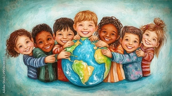 Obraz smiling children holding globe