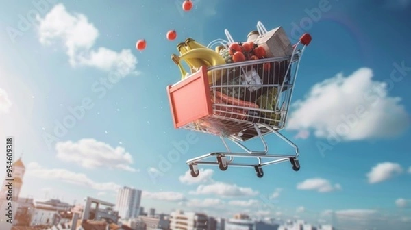 Obraz Fast flying shopping cart delivering groceries