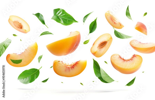 Fototapeta Falling peach slices with leaves isolated on a white background AI Image