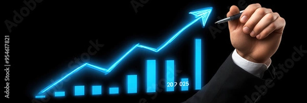 Fototapeta Hand of Businessman Illustrating a Growing Bar Graph with "2025" on a Virtual Display, Representing Business Planning Against a Black Background