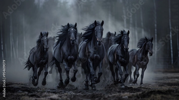 Fototapeta A heard of black horses are running and galloping