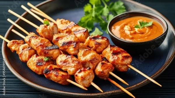 Fototapeta Delicious grilled chicken skewers served with creamy peanut sauce and fresh cilantro on a stylish plate.