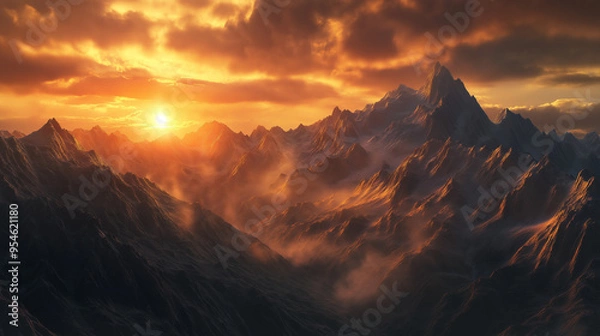 Fototapeta sunset in the mountains, sunset over rugged mountain peaks. The mountains are bathed in the warm light of the setting sun