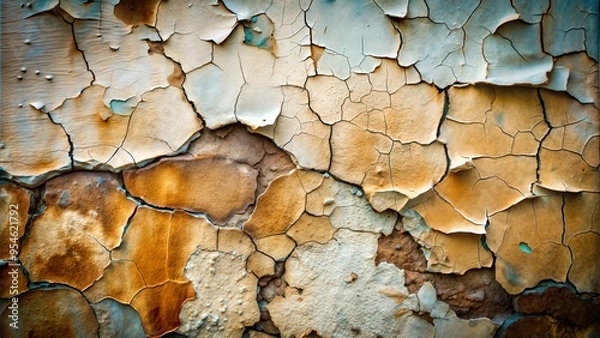 Fototapeta Textured background of peeling paint with rusty and cracked layers in warm tones