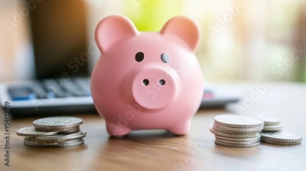 Obraz A pink piggy bank surrounded by coins, symbolizing savings and financial planning. Ideal for budgeting and finance themes.