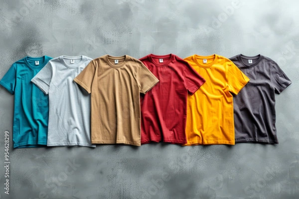 Fototapeta A collection of colored t-shirt templates for men on Plain Background.