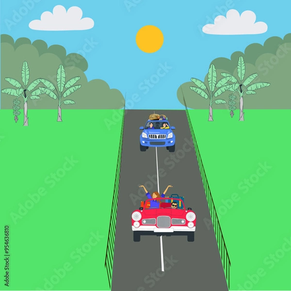 Obraz Couple enjoying road trip by their car. Vector illustration.