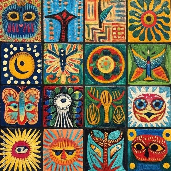 Fototapeta Vibrant Folk Art Tapestry: A kaleidoscope of colors and symbols, this painting bursts with cultural motifs and artistic expression. 