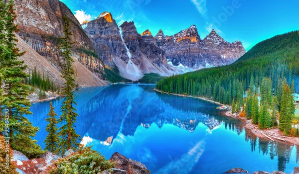 Obraz Wschód słońca nad jeziorem morenowym