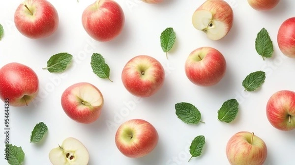 Obraz Fresh red apples arranged with mint leaves on a white background.