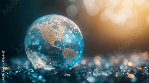 Fototapeta Crystal globe with sustainable development and ESG icon for environment social, governance, and business cooperation for World sustainable environment social governance concept. Earth day