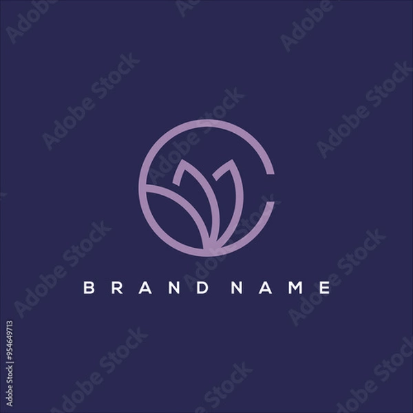 Obraz line art initial C with flower and leaves logo vector