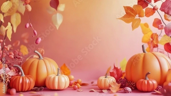 Fototapeta Autumn fall thanksgiving day composition with decorative pumpkins, banner with generative ai