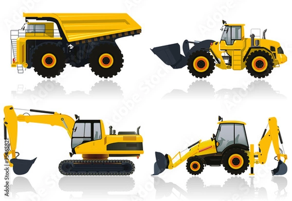 Fototapeta Detailed vector illustration of industrial machines: bulldozer, truck, crawler, excavator. Can be used for creating infographic illustration, industrial print posters and cards