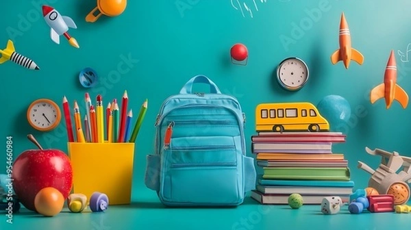Obraz Back to school concept with backpack, books, pencils and toys on a turquoise background.