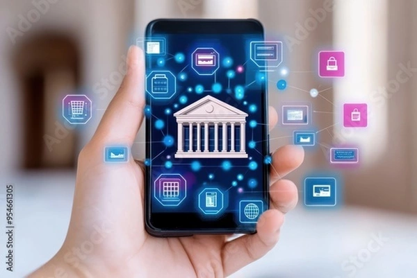 Obraz Hand holding smartphone with bank building icon and various digital icons.  Concept of mobile banking and online finance.