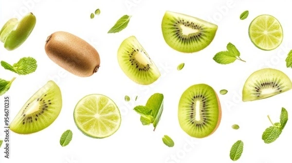 Fototapeta Flying fresh raw whole and sliced kiwi, lime and mint leaves on white background. Falling fruits