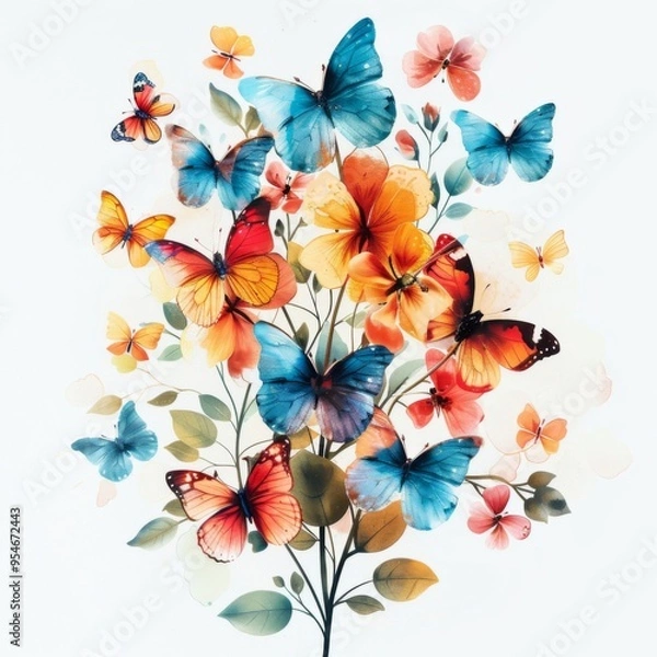 Fototapeta Butterfly Bouquet: A vibrant watercolor illustration of a bouquet of colorful flowers adorned with delicate butterflies, symbolizing beauty, freedom, and transformation. It's a perfect image for natur