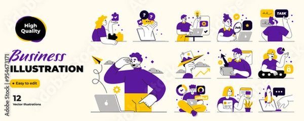 Fototapeta Business Concept illustrations. Mega set. Collection of scenes with men and women taking part in business activities. Vector illustration