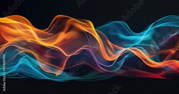 Fototapeta A vibrant abstract wave design featuring flowing lines in orange, blue, and purple against a dark background.