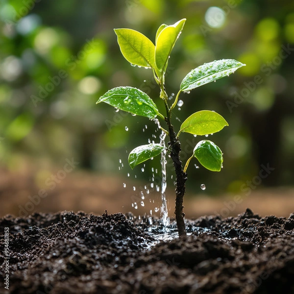 Obraz Tree sapling being watered after planting, with fresh soil around its base