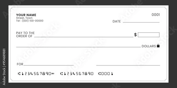 Fototapeta Blank bank check, checkbook cheque template or money payment paper voucher, vector mockup.